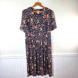 Leslie Fay Vintage 80s/90s Cottagecore Floral Pleated Print Womens Midi Dress 14